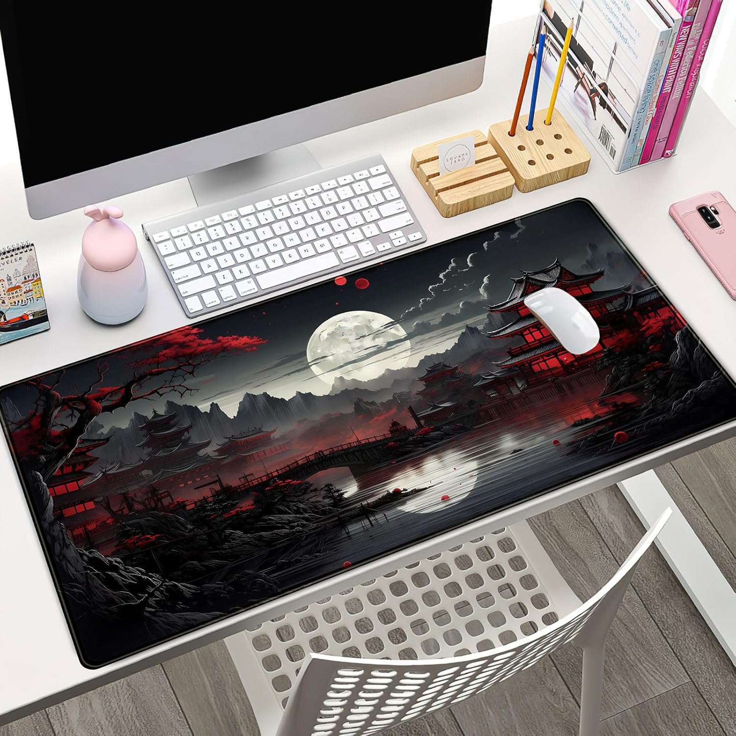 Gaming Keyboard Mouse - Tapete de mesa japonês riverside lua